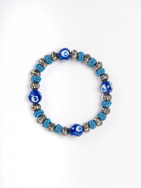 Handmade Stretchable Bracelet With Blue Pottery Beads